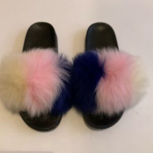 Blue Pink & Cream Tricolor Vegan Fur Slides